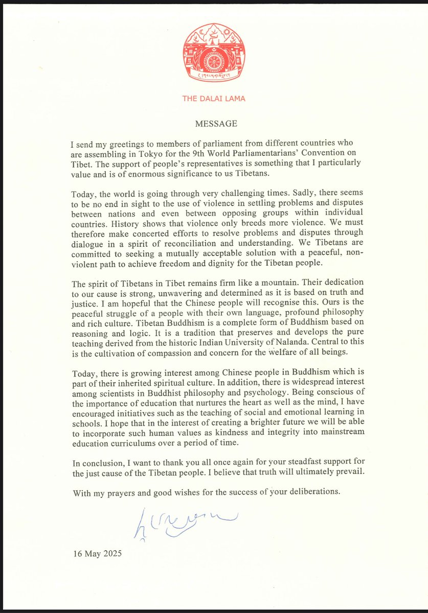 His Holiness the Dalai Lama’s message for the 9th World Parliamentarians’ Convention on Tibet (WPCT).