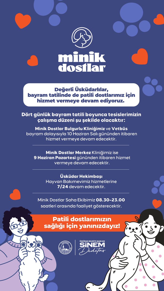 📢 Bayram boyunca patili dostlarımız yalnız değil!
Üsküdar Belediyesi olarak, Minik Dostlar tesislerimizde bayram süresince uygulanacak hizmet düzenini sizlerle paylaşıyoruz.
Detaylı çalışma takvimine görselden ulaşabilirsiniz.

Sağlıkları için buradayız, her zaman yanlarındayız!