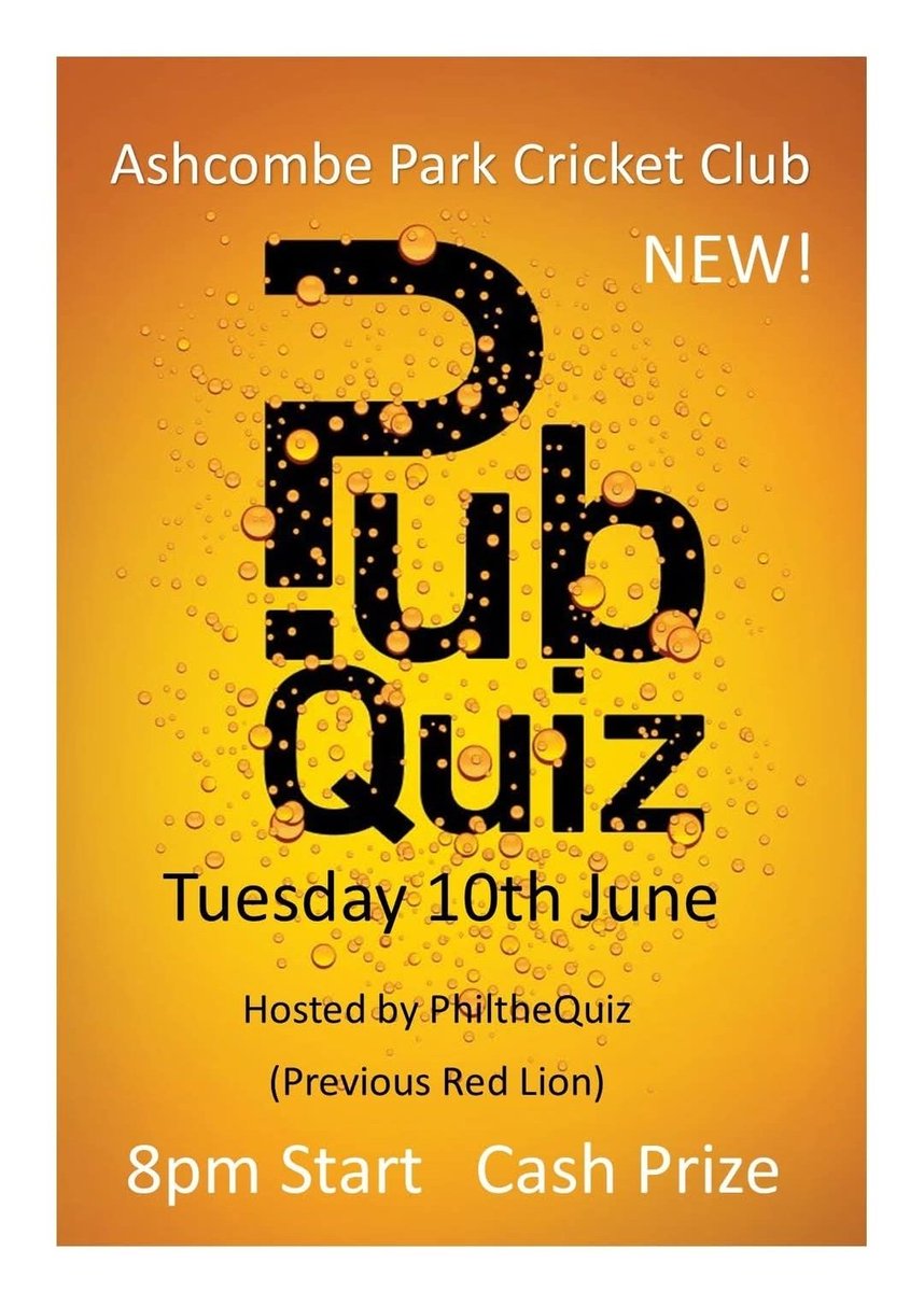 Ashcombe Park CC (@ashcombeparkcc) on Twitter photo π€β QUIZ TIME βπ€
PhiltheQuiz will be starting his fortnightly quizzes as of next Tuesday - 10th June. 
He formerly did the ever popular quiz on a Tuesday down the Red Lion in Cheddleton. 
π 8pm start
πΈCash prize to the winners
Just turn up on the night and good luck!! π€β QUIZ TIME βπ€
PhiltheQuiz will be starting his fortnightly quizzes as of next Tuesday - 10th June. 
He formerly did the ever popular quiz on a Tuesday down the Red Lion in Cheddleton. 
π 8pm start
πΈCash prize to the winners
Just turn up on the night and good luck!!