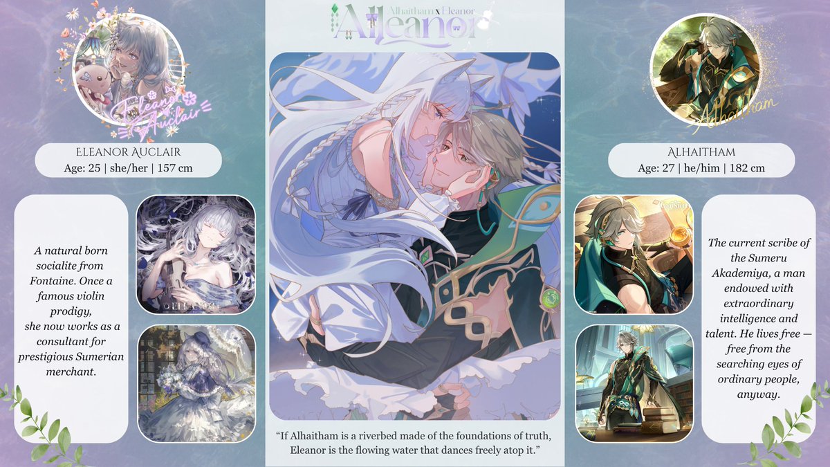 Eleanor_Auclair's tweet image. Hello! My name is Alicia, and I ship my OC Eleanor with Alhaitham from Genshin Impact 🦋🌱

.·:*¨ ༺ ༻ ¨*:·.
❀ I&apos;m happy to see others who love Alhaitham 💚
❀ 21↑ 
❀ A girl living her yume~
alleanor.carrd.co
*+:｡.｡　　｡.｡:+*

✧*̥˚ Let&apos;s be kind to one another *̥˚✧