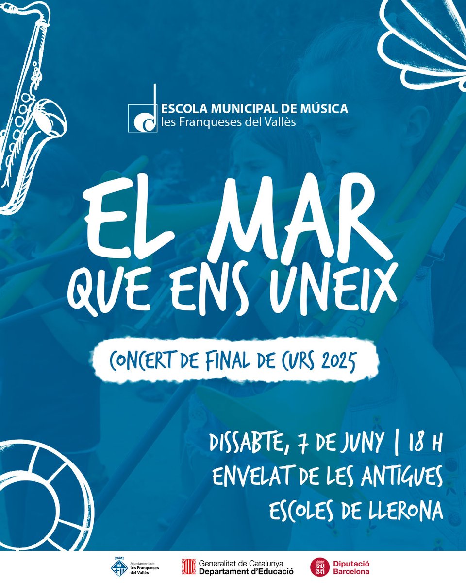 Ajuntament de les Franqueses (@lesfranqueses) on Twitter photo Aquest dissabte, 7 de juny, l' <a href="/EMMFranqueses/">Escola Municipal de Música de Les Franqueses</a> ens convida al concert de final de curs. Amb el títol "El mar que ens uneix" podrem gaudir de les evolucions de l'alumnat.
🏟️Envelat del Consell del Poble de Llerona
📅7 de juny, 🕒18 h Aquest dissabte, 7 de juny, l' <a href="/EMMFranqueses/">Escola Municipal de Música de Les Franqueses</a> ens convida al concert de final de curs. Amb el títol "El mar que ens uneix" podrem gaudir de les evolucions de l'alumnat.
🏟️Envelat del Consell del Poble de Llerona
📅7 de juny, 🕒18 h