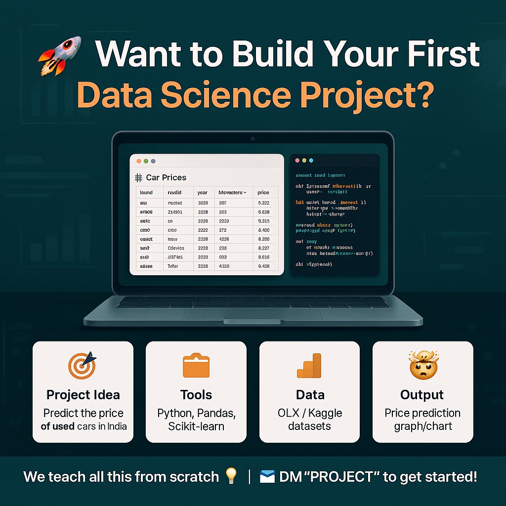 data_sciencesch's tweet image. Want to build your first Data Science project?
📊 Project-based learning | 📈 Future-ready skills
📩 DM “PROJECT” or reach us at 📞 +91 9948861888
🌐 Visit: DataScienceSchool.in
#DataScienceProject #LearnDataScience #PythonForBeginners #UsedCarPrediction #CareerSwitchIndia