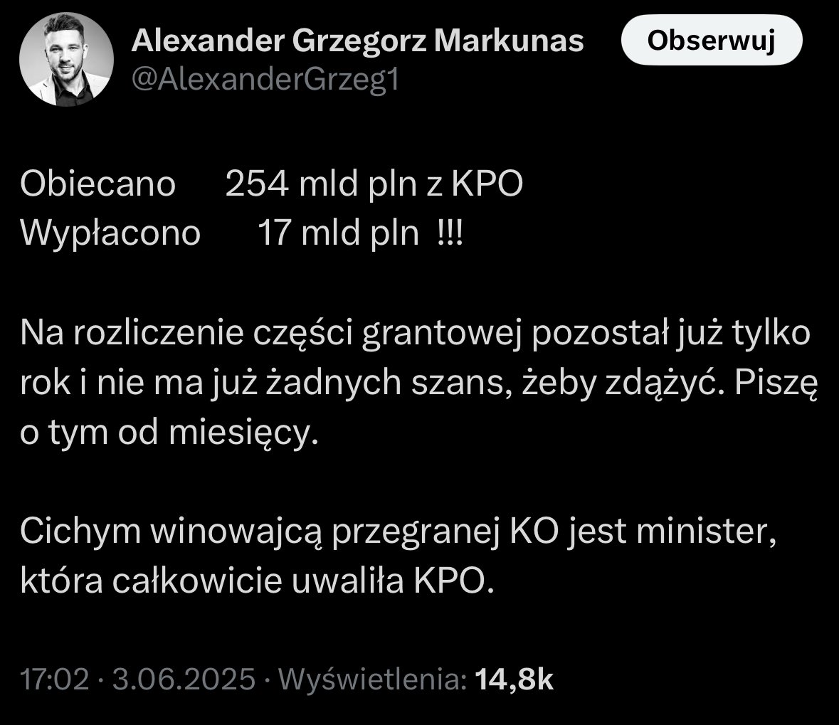 Jan Szyszko (@szyszkoj) on Twitter photo ❌Pan <a href="/AlexanderGrzeg1/">Alexander Grzegorz Markunas</a> kłamie. Skoro pisze o KPO od miesięcy, to powinien znać fakty. Zacznijmy od podstaw: część grantowa KPO to 112 mld zł, część pożyczkowa - 148 mld zł według obecnych kursów wymiany.
✅Granty: 20,5 mld zł wypłacone, a podpisane umowy mają wartość 61 mld ❌Pan <a href="/AlexanderGrzeg1/">Alexander Grzegorz Markunas</a> kłamie. Skoro pisze o KPO od miesięcy, to powinien znać fakty. Zacznijmy od podstaw: część grantowa KPO to 112 mld zł, część pożyczkowa - 148 mld zł według obecnych kursów wymiany.
✅Granty: 20,5 mld zł wypłacone, a podpisane umowy mają wartość 61 mld