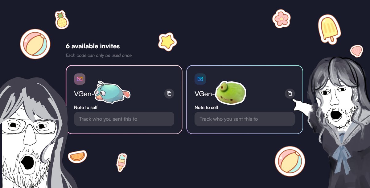 ✨#VGenCode giveaway! 💫 

i'm giving out 2 invite codes for now!

💌 how to join: 

🫧 like + RT
🎐 reply with your artwork/portfolio
🎏 no ai / stolen / traced art. i Will be Checking and getting a Second Opinion. 

ends in 1 week, good luck! ♡