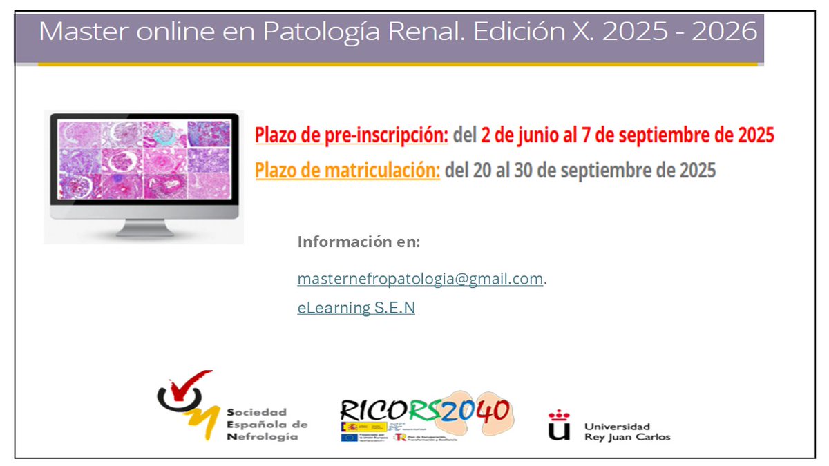 Abierto el plazo para el Master de Patologia renal de la la Universidad Rey Juan Carlos. Mas informacion en formacion.senefro.org/modules.php?na…

¡te esperamos!