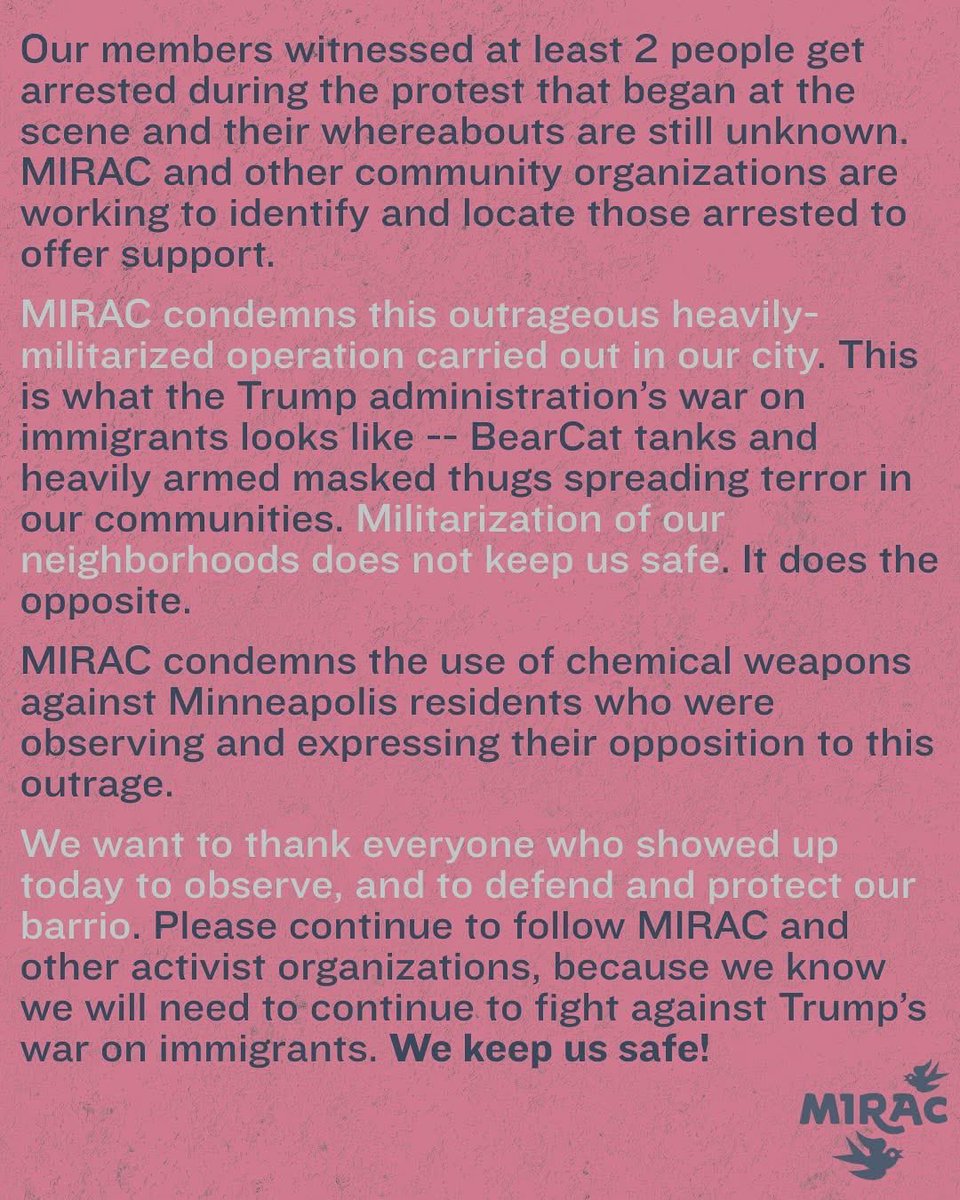 miracmn's tweet photo. Minneapolis stands with immigrants! No ICE in our city!

MIRAC's statement on the outrageous federal law enforcement operation July 3 in Minneapolis. (2/2) https://t.co/NvLJdEucgh