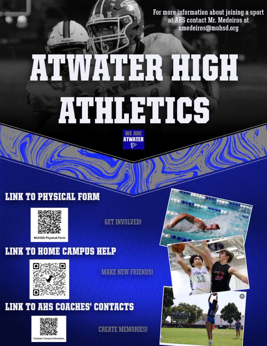 AHS Summer Athletics Information ‼️

All students must be enrolled at AHS, have a current Physical and a 25-26 Home Campus to be cleared to participate. Most programs start Monday June 9th

Scan the QR Codes for more information

#WeAreAtwater🟦⬜️