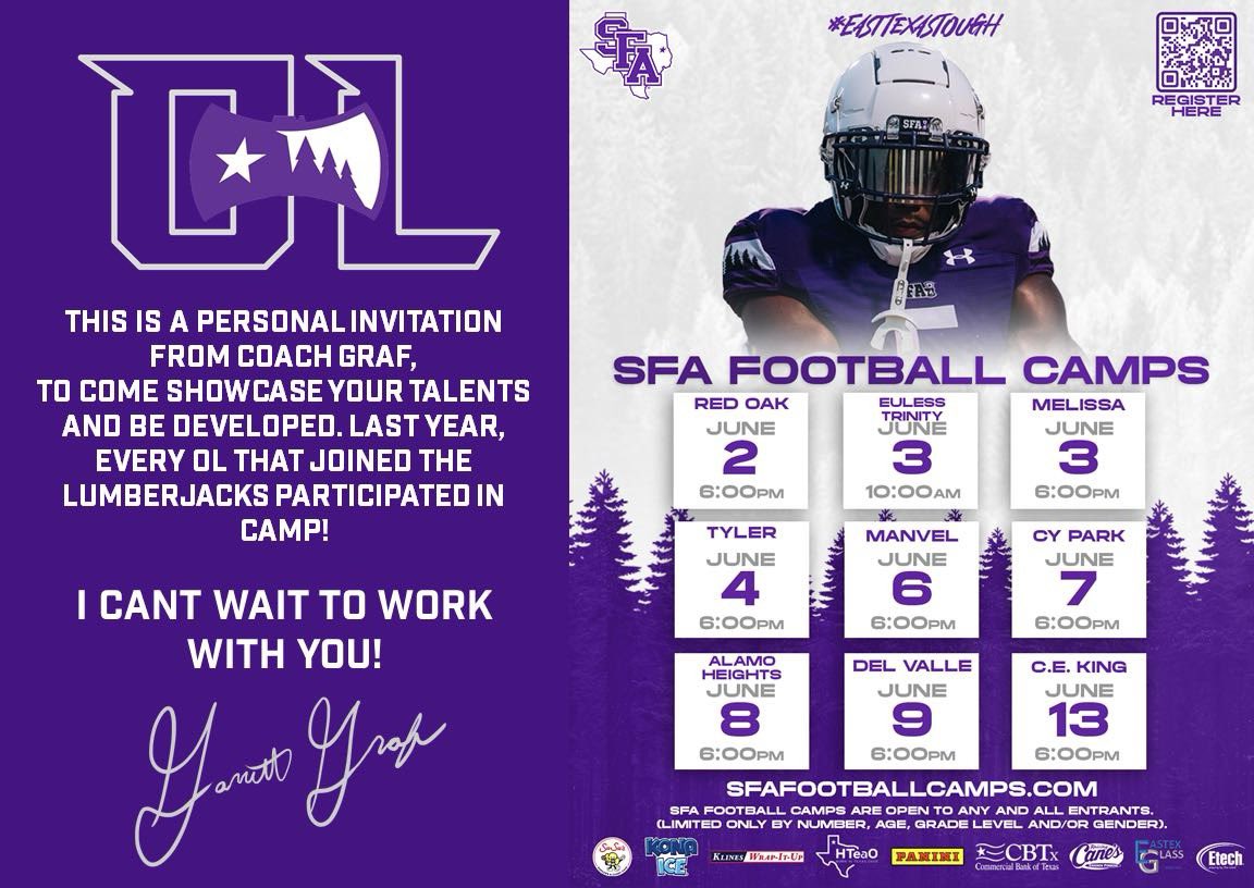 Cooper Timmons (@coopertimmons26) on Twitter photo Excited to compete at the <a href="/SFA_Football/">Lumberjack Football</a> camp tomorrow in Tyler! Canโt wait to work with <a href="/SFACoachGraf/">Garrett Graf</a> <a href="/CoachXG/">Xavier G.</a> <a href="/CoachSalguer0/">Eldridge</a> <a href="/CoachTrice8/">Marcus Trice</a>
<a href="/BSublet/">BSUB</a> <a href="/BMFMoats/">Coach Moats</a> <a href="/CoachMillerick/">gregorymillerick</a> <a href="/BlueChipOL/">Blue Chip Athletics,LLC.</a> Excited to compete at the <a href="/SFA_Football/">Lumberjack Football</a> camp tomorrow in Tyler! Canโt wait to work with <a href="/SFACoachGraf/">Garrett Graf</a> <a href="/CoachXG/">Xavier G.</a> <a href="/CoachSalguer0/">Eldridge</a> <a href="/CoachTrice8/">Marcus Trice</a>
<a href="/BSublet/">BSUB</a> <a href="/BMFMoats/">Coach Moats</a> <a href="/CoachMillerick/">gregorymillerick</a> <a href="/BlueChipOL/">Blue Chip Athletics,LLC.</a>