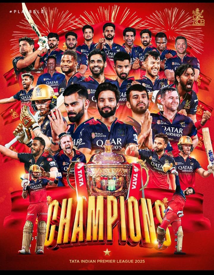 IPL 2025 के फ़ाईनल मैच में PBKS को 6 रन से हराकर Trophy जीतने पर RCB टीम को हार्दिक बधाई व शुभ कामनाएँ। इस ऐतिहासिक उपलब्धि के लिये विराट कोहली को भी बधाई जिन्होने RCB के लिये इस सीजन में सर्वाधिक रन बनाये व अपनी टीम को चैंपियन बनाया।