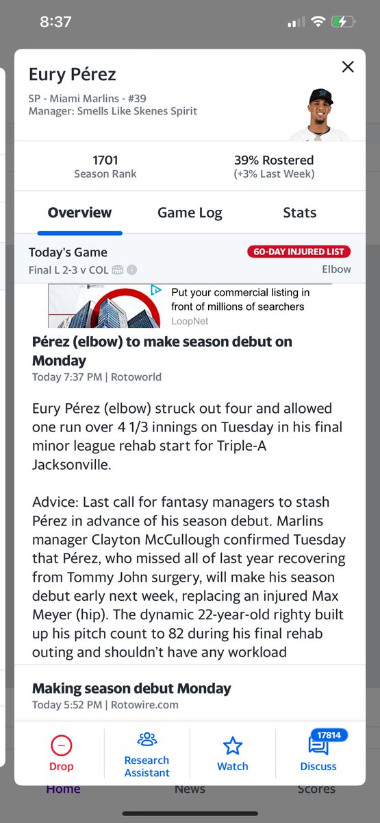 It’s wild to me that Eury Perez(set to return Monday) is only 39% owned in yahoo while Shane-O-Mac(could return by late July) is 72% owned in yahoo leagues🤷‍♂️