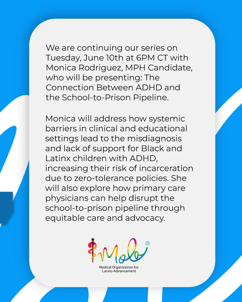 📚 Don’t miss MOLA’s Academic Pathways with Monica Rodriguez, MPH Candidate!

She’ll break down how ADHD misdiagnosis fuels the school-to-prison pipeline—and how providers can help disrupt it. 😎

✨Join us!
🗓️ Tuesday, June 10 | 🕕 6 PM CT
👉 bit.ly/4kamIm0