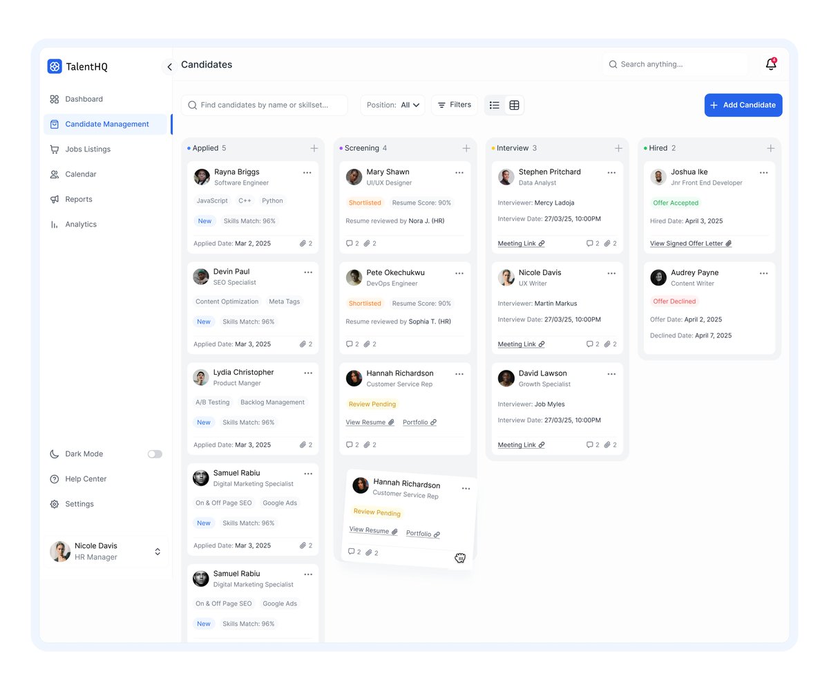 designwithmaybs's tweet image. I designed this Job Application & Recruitment Dashboard to help recruiters, hiring managers and HR teams manage candidates without feeling overwhelmed by staying organized, moving faster and making better hiring decisions.