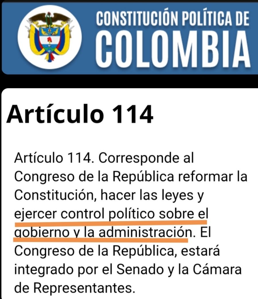 Valencia Guille (@valenciaguille8) on Twitter photo <a href="/CaracolRadio/">Caracol Radio</a> El artículo 114 de la Constitución colombiana establece la facultad del Congreso de controlar al Gobierno, y la posibilidad de exigir responsabilidades al Presidente. Si bien no existe un procedimiento específico llamado "moción de censura", la acción del Congreso puede tomar <a href="/CaracolRadio/">Caracol Radio</a> El artículo 114 de la Constitución colombiana establece la facultad del Congreso de controlar al Gobierno, y la posibilidad de exigir responsabilidades al Presidente. Si bien no existe un procedimiento específico llamado "moción de censura", la acción del Congreso puede tomar