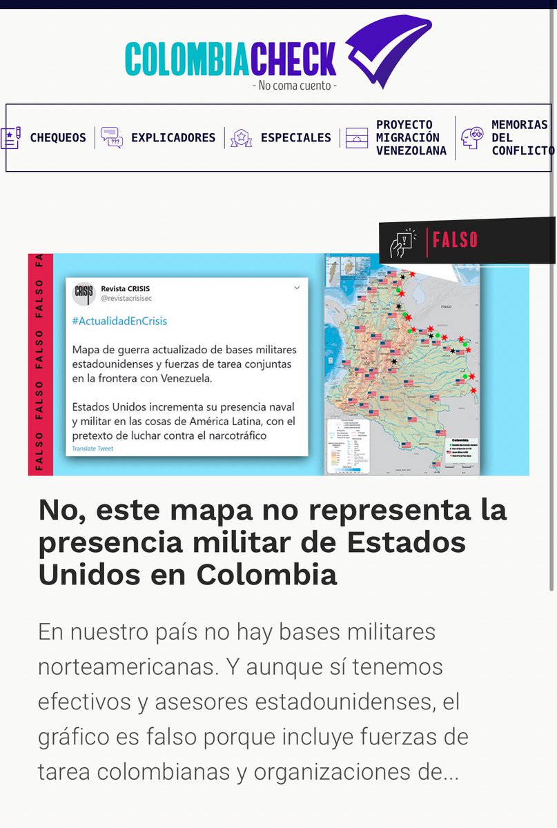 Carolina Bazante (@caritobazante) on Twitter photo ¿Colombia tiene bases estadounidenses? Acá una verificación de nuestros colegas de <a href="/Colcheck/">Colombiacheck</a>
“No existe ningún tratado que establezca bases militares permanentes formales de los Estados Unidos en Colombia. Sí hay unos acuerdos tácitos, no formales,lo que yo llamo cuasibases, en ¿Colombia tiene bases estadounidenses? Acá una verificación de nuestros colegas de <a href="/Colcheck/">Colombiacheck</a>
“No existe ningún tratado que establezca bases militares permanentes formales de los Estados Unidos en Colombia. Sí hay unos acuerdos tácitos, no formales,lo que yo llamo cuasibases, en