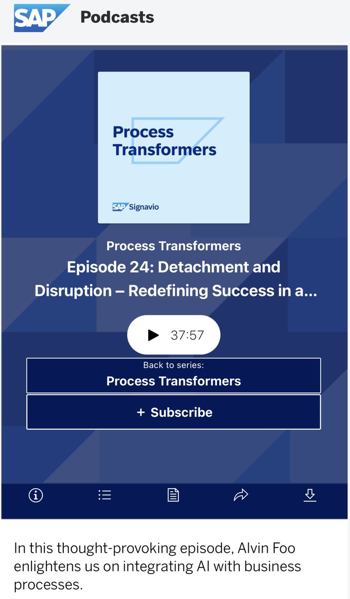 This is fresh off the oven where I was invited to SAP Signavio’s podcast hosted by Lukas Egger to chat about integrating AI with business processes.

Discover the transformative power of detachment from outcomes while focusing on the purpose. Learn how to stay motivated and happy