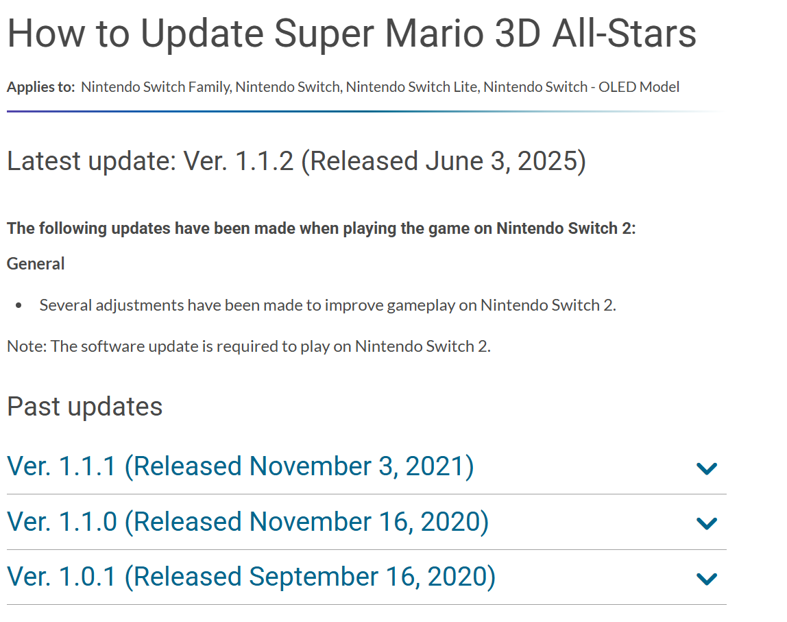 Wario64's tweet photo. Super Mario 3D All-Stars (a delisted and out of print game btw) got an update for Switch 2

"Several adjustments have been made to improve gameplay on Nintendo Switch 2." https://t.co/XQCIVZEeoO