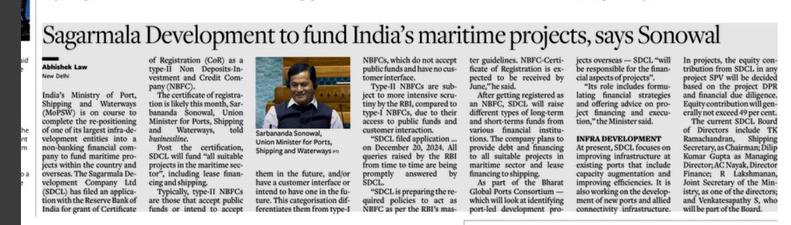 The Sagarmala Development Company Ltd (SDCL) has filed an application with RBI for grant of Certificate of Registration (CoR) as a Type-II NBFC (Non Deposits-Investment and Credit Company). The certificate of registration is likely this month, Sarbananda Sonowal, Union Minister
