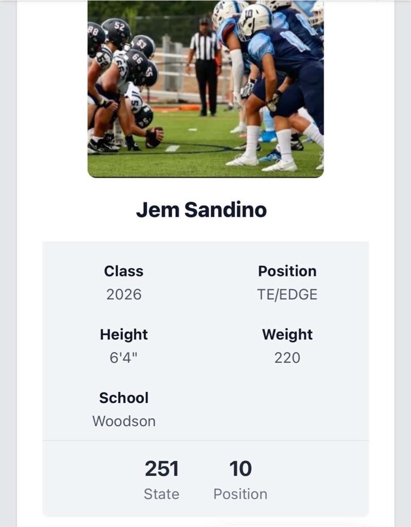 Jem Sandino (@jemsandino2026) on Twitter photo Thankful to be named the #10 Tight End in Virginia in the 2026 class <a href="/carljfred/">Carl Frederick</a> <a href="/PrepRedzoneVA/">Prep Redzone Virginia</a> <a href="/CoachJMcBride19/">Joe McBride</a> <a href="/WoodsonFB/">Woodson Football</a> Thankful to be named the #10 Tight End in Virginia in the 2026 class <a href="/carljfred/">Carl Frederick</a> <a href="/PrepRedzoneVA/">Prep Redzone Virginia</a> <a href="/CoachJMcBride19/">Joe McBride</a> <a href="/WoodsonFB/">Woodson Football</a>