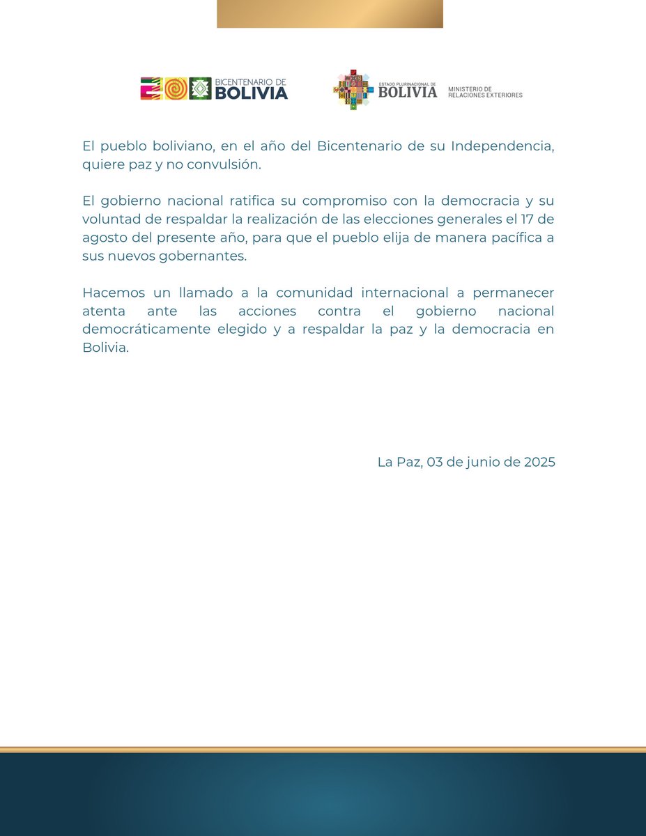 COMUNICADO 03-06-2025 (Bolivia denuncia acciones desestabilizadoras contra el gobierno nacional)
🔗 cancilleria.gob.bo/mre/2025/06/03…

#DiplomaciaDeLosPueblos #PorLaVida
#UnidosHaciaElBicentenario