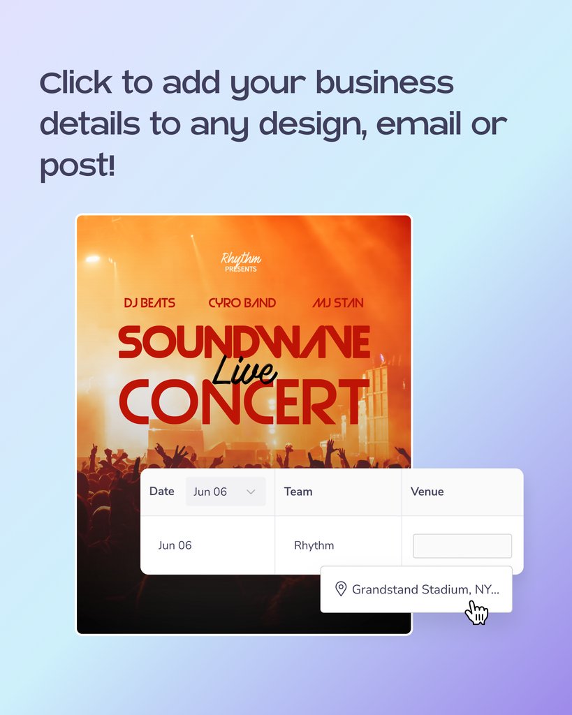 Introducing... Business profiles! 🌟 Cut the time it takes to manually add your business details across all your marketing content. Save details like timings, location, and links in 'My Business', and add them to your designs in a click. 

Learn more: bit.ly/newbusinesspro…