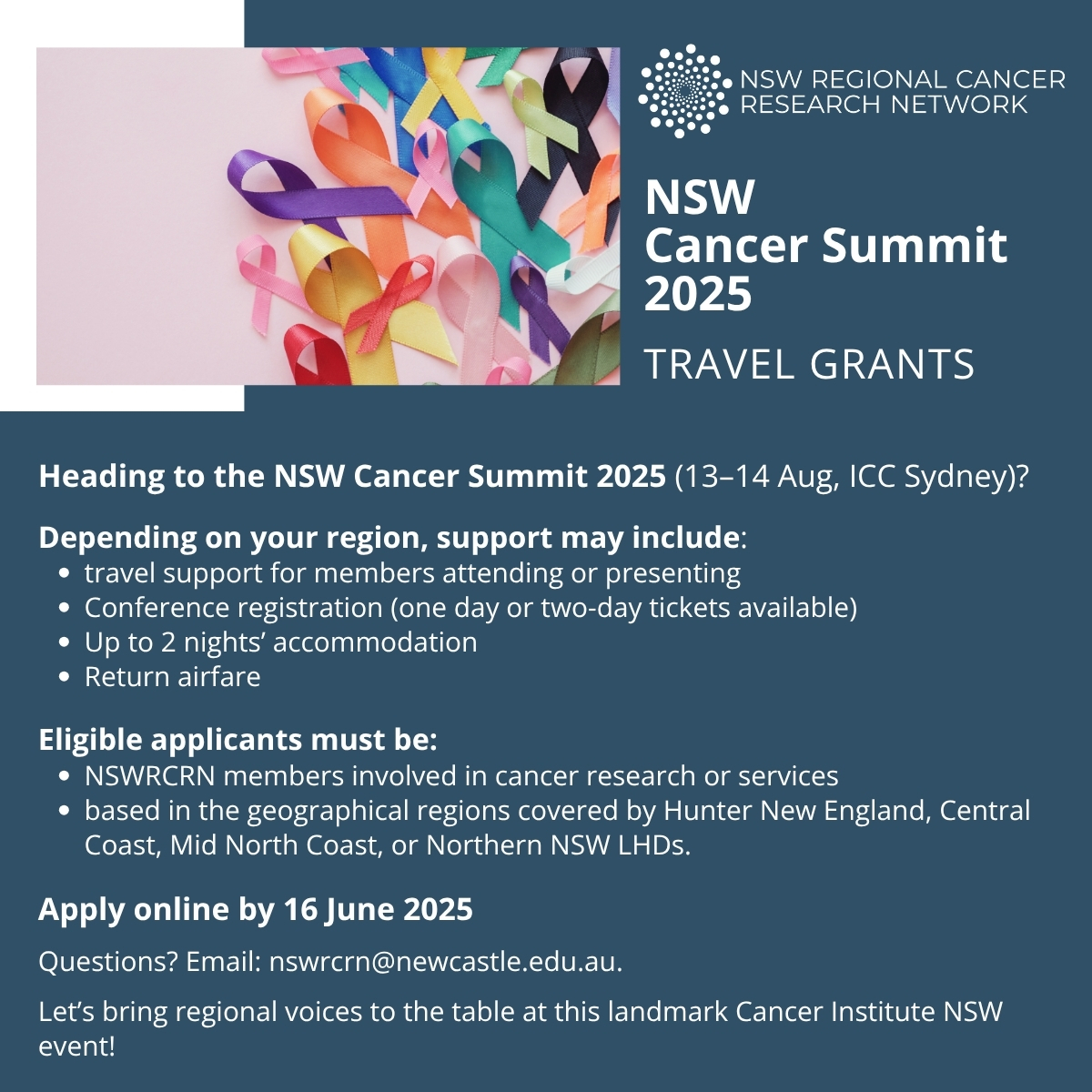 #NSWRCRN Travel Grants are NOW OPEN for the NSW Cancer Summit 2025 (13–14 August, ICC Sydney)
🔸Applications close 16 June 2025
🔸See website for further info
🔸Apply via the NSWRCRN website➡️ nswregionalcrn.com.au/our-network/fu…
Helping bring regional voices to the table