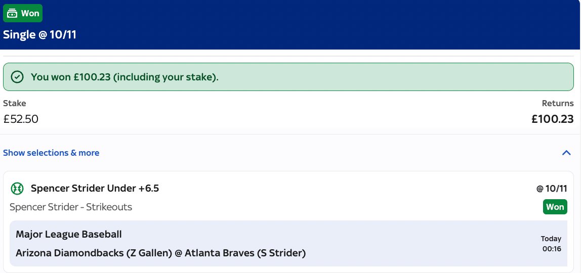 BTBSupport's tweet image. A few MLB straights from tonight 🚀🚀 

(@FullstopPicks) 🛑 

-138✅
-110✅
+100✅
+225✅

He is starting to heat up 🔥🔥 

Come lock in with us: Whop.com/beat-the-books