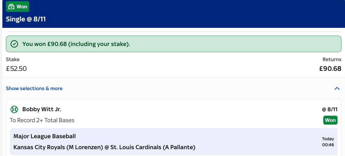 BTBSupport's tweet image. A few MLB straights from tonight 🚀🚀 

(@FullstopPicks) 🛑 

-138✅
-110✅
+100✅
+225✅

He is starting to heat up 🔥🔥 

Come lock in with us: Whop.com/beat-the-books