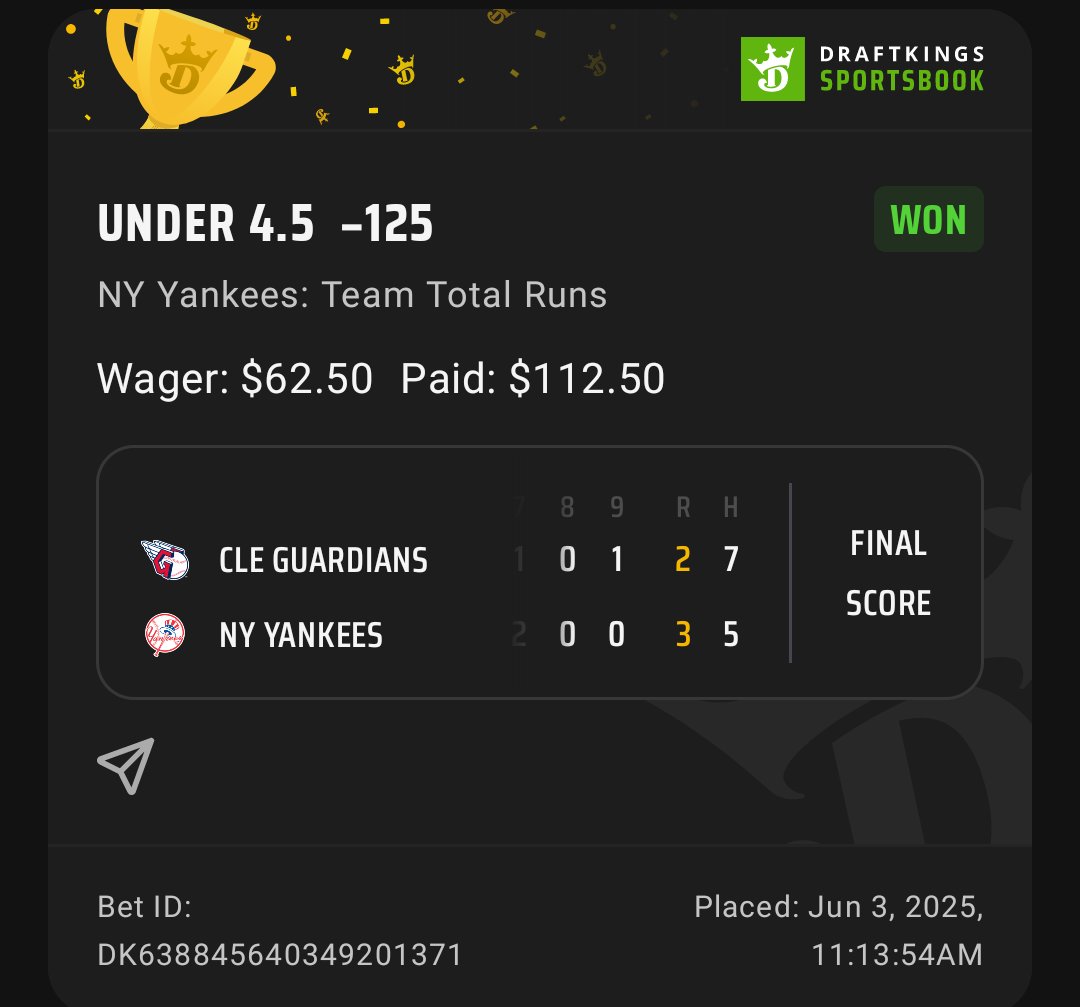 This is what I call fucking a game square in the 👁️ hole #FTB

CLE/NYY Under 8(-124) 🤑

Yankees TTU4.5(-125)🤑

Guardians TT U3.5(-140)🤑
#RepBx #GuardsBall 

I can say it over tell I'm blue, but a show that gives out winning bets on the regular don't get enough views .. #Hmmm
