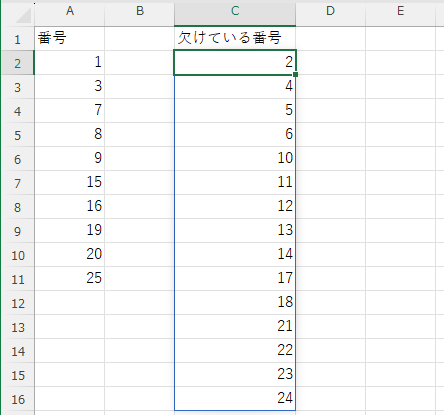 accounting_jim's tweet image. 類題ありそうな気がしますが、やさしめのエクセルクイズです。
A列の番号列(1から始まり昇順に整数値が並んでいます)で欠けている番号をC列に表示してください。
A列の最終行は固定ですが変動でもかまいません。
よろしくお願いいたします。
#エクセルクイズ