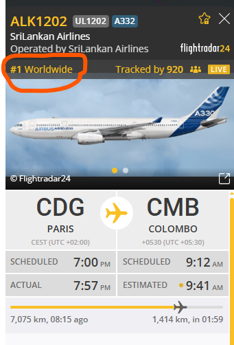 Ranga Sirilal (@rangaba) on Twitter photo SriLankan Airlines’ <a href="/flysrilankan/">SriLankan Airlines</a> reconditioned Airbus A330-200 is the world’s most tracked aircraft on Flightradar24 today. The flight, returning from France after refurbishment, is about half an hour behind schedule. flightradar24.com/ALK1202/3aa1cb…
#AirbusA330 #SriLanka SriLankan Airlines’ <a href="/flysrilankan/">SriLankan Airlines</a> reconditioned Airbus A330-200 is the world’s most tracked aircraft on Flightradar24 today. The flight, returning from France after refurbishment, is about half an hour behind schedule. flightradar24.com/ALK1202/3aa1cb…
#AirbusA330 #SriLanka