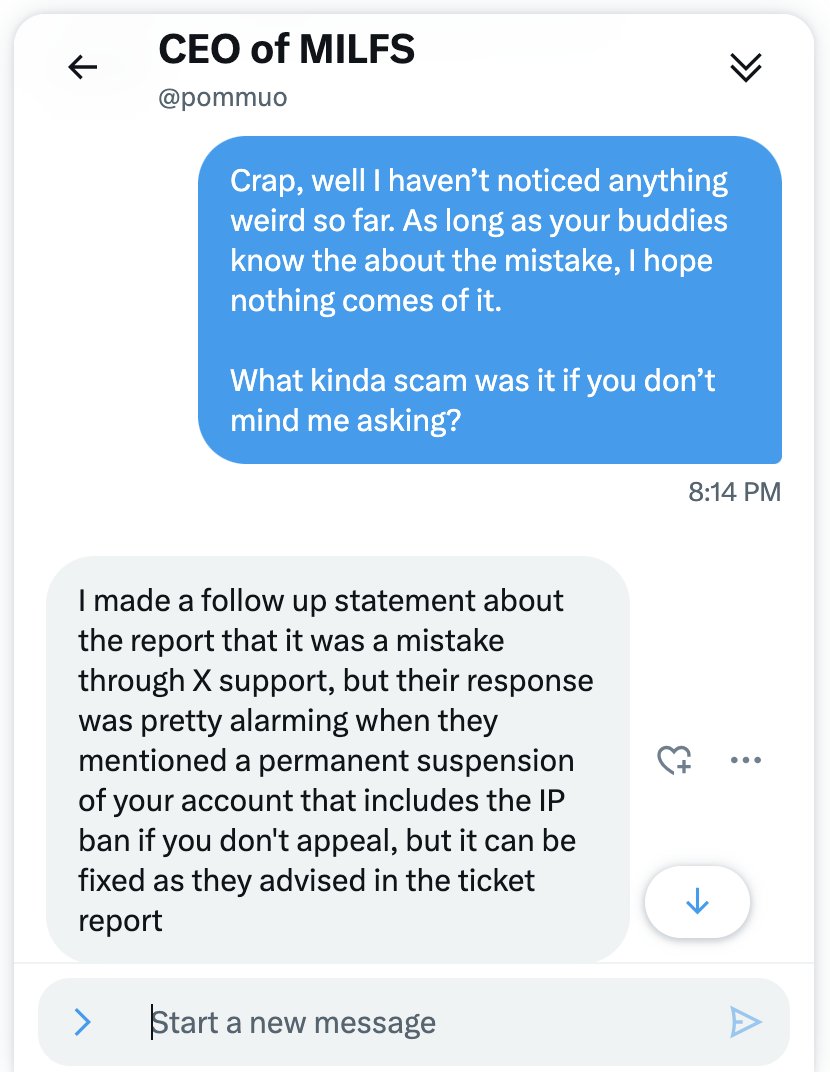 Hey y'all I think <a href="/pommuo/">CEO of MILFS</a> CEO of MILFS got hacked.

Whoever took over his account sent me these messages in the following screenshots.

He weirdly dodged the question when I asked what kind of scam it was. I didn't think much of it...

When I sent a message to @saurabhsupport on