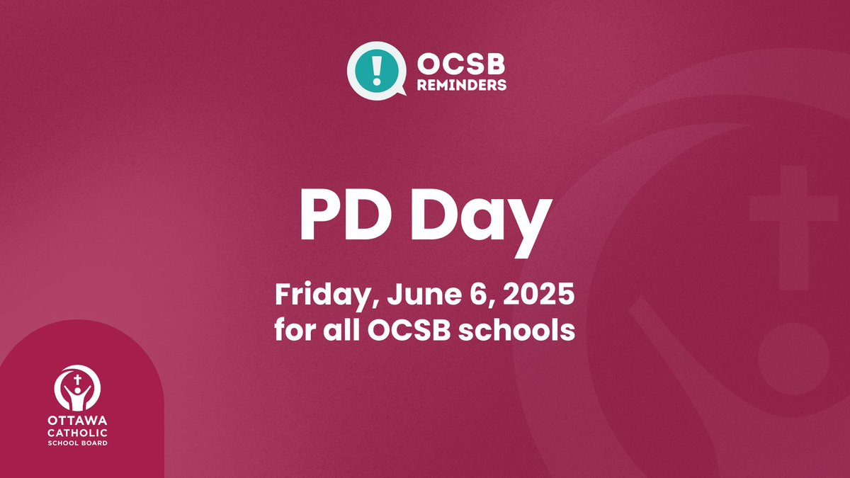 📣 Reminder: Friday, June 6, is a PD Day for all #OCSB schools. ⁠
⁠For more calendar dates, please visit: ocsb.ca/parents/calend…
⁠#ocsbBeCommunity