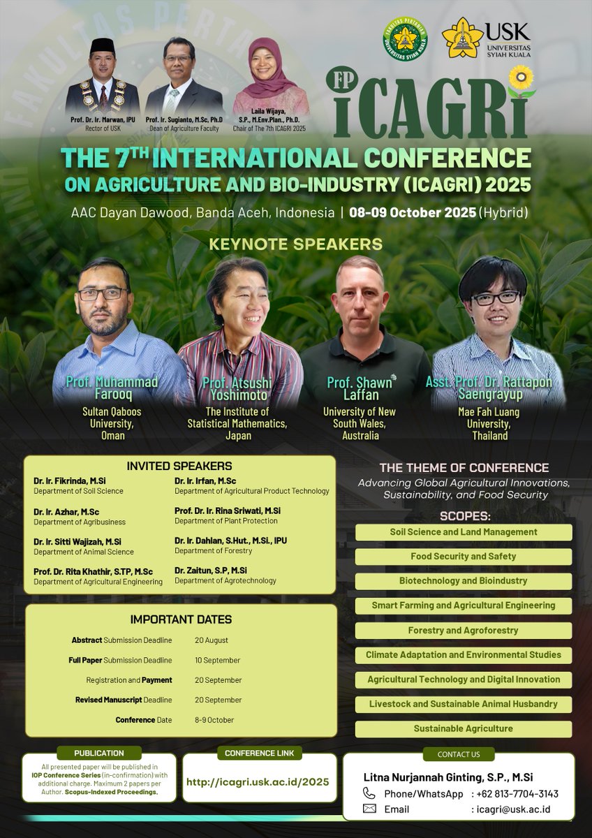 PertanianUSK's tweet photo. Fakultas Pertanian USK Kembali Gelar ICAGRI ke-7 Tahun 2025

Fakultas Pertanian USK kembali akan menyelenggarakan International Conference on Agriculture and Bioindustry (ICAGRI) ke-7 pada tanggal 8–9 Oktober 2025 di Banda Aceh
https://t.co/h7LPX53yLE https://t.co/yf5oWrfjxd