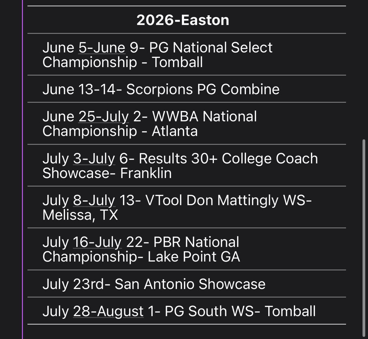 Scorpions 2026 Easton Summer Schedule