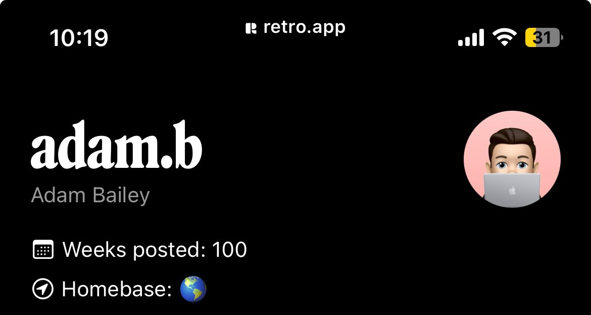 Made it to 100 weeks of posting on <a href="/retrodotapp/">Retro</a>!! 🎉