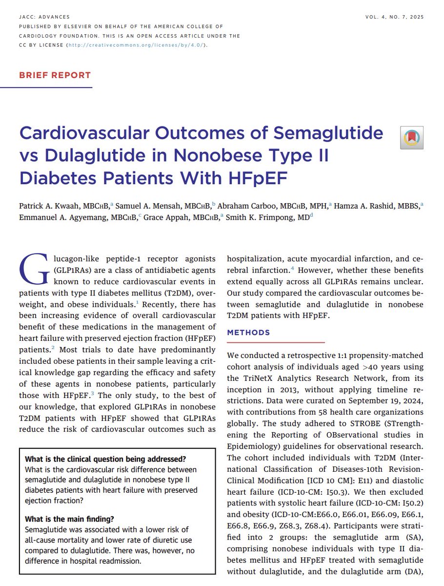 Patrick Kwaah (@kwaahpatrick) on Twitter photo 🚨 Excited to share our latest publication in <a href="/JACCJournals/">JACC Journals</a> comparing semaglutide vs dulaglutide in non-obese patients with type II diabetes and HFpEF. Grateful to <a href="/akaakole_mensah/">Samuel Akaakole Mensah</a> and the entire team for their support.
#CardioTwitter #HFpEF #JACCAdvances
tinyurl.com/4yfpx4a8 🚨 Excited to share our latest publication in <a href="/JACCJournals/">JACC Journals</a> comparing semaglutide vs dulaglutide in non-obese patients with type II diabetes and HFpEF. Grateful to <a href="/akaakole_mensah/">Samuel Akaakole Mensah</a> and the entire team for their support.
#CardioTwitter #HFpEF #JACCAdvances
tinyurl.com/4yfpx4a8