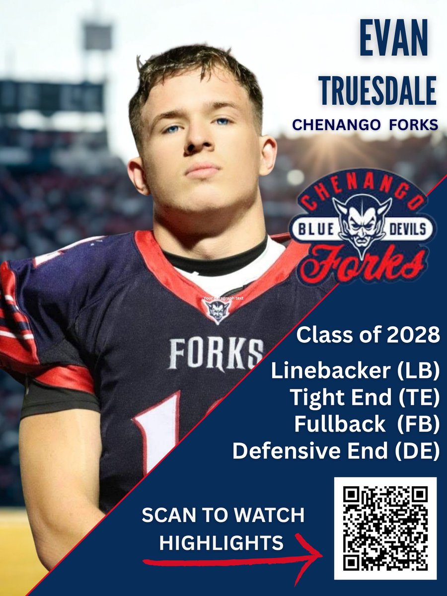 Evan Truesdale (@evanctruesdale) on Twitter photo I’ll be at the UB Mega Camp on June 8, 2025!
Chenango Forks, NY | Class of 2028
4.0 GPA
Positions: LB | DE | TE | FB
Bench: 275 | Squat: 410 | Deadlift: 516
<a href="/CortlandFB/">SUNY Cortland Football</a> <a href="/RMU_Football/">RMU Football</a>
<a href="/FisherAthletics/">SJF Cardinals</a> <a href="/CortlandFB/">SUNY Cortland Football</a>
#StudentAthlete #Recruit2028 #HighAcademicAthlete #FootballRecruit I’ll be at the UB Mega Camp on June 8, 2025!
Chenango Forks, NY | Class of 2028
4.0 GPA
Positions: LB | DE | TE | FB
Bench: 275 | Squat: 410 | Deadlift: 516
<a href="/CortlandFB/">SUNY Cortland Football</a> <a href="/RMU_Football/">RMU Football</a>
<a href="/FisherAthletics/">SJF Cardinals</a> <a href="/CortlandFB/">SUNY Cortland Football</a>
#StudentAthlete #Recruit2028 #HighAcademicAthlete #FootballRecruit