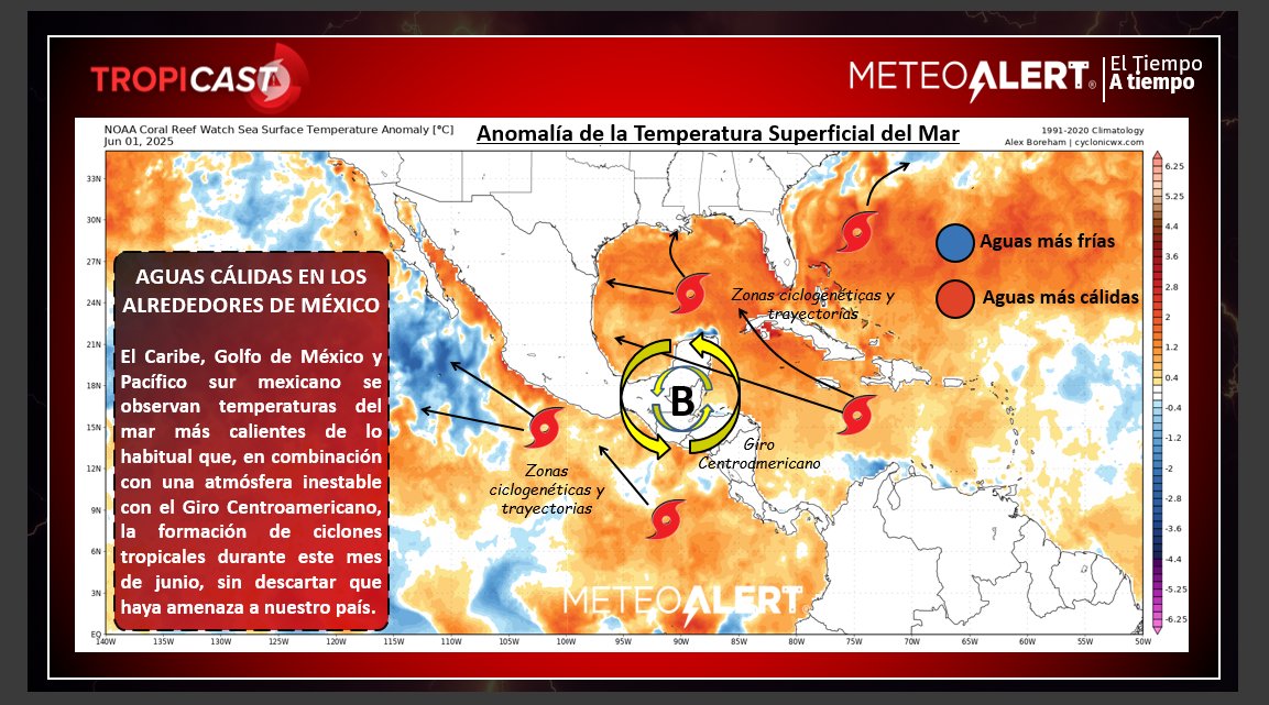 🔴IMPORTANTE #TropiCast

🌊Las aguas de los mares de México se calientan y la atmósfera se hace inestable

🌀Durante este mes de junio (después del 7), el Giro Centroamericano induciría formación de perturbaciones y ciclones tropicales con amenaza hacia el país, incrementando