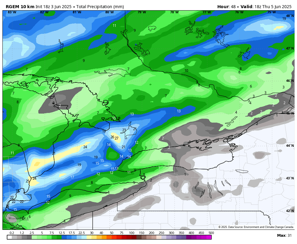 Latest models Rainfall totals outlook till Friday AM. Three ensembles (NBM, SREF, WPC) and one deterministic Canadian RGEM. #onwx #onstorm