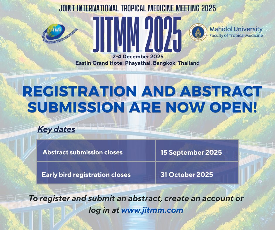 The registration and abstract submission for #JITMM2025 are now open! Create an account or log in to your existing account at jitmm.com to start your participation.

We look forward to hosting you for a wonderful tropical-medicine conference in Bangkok, Thailand!