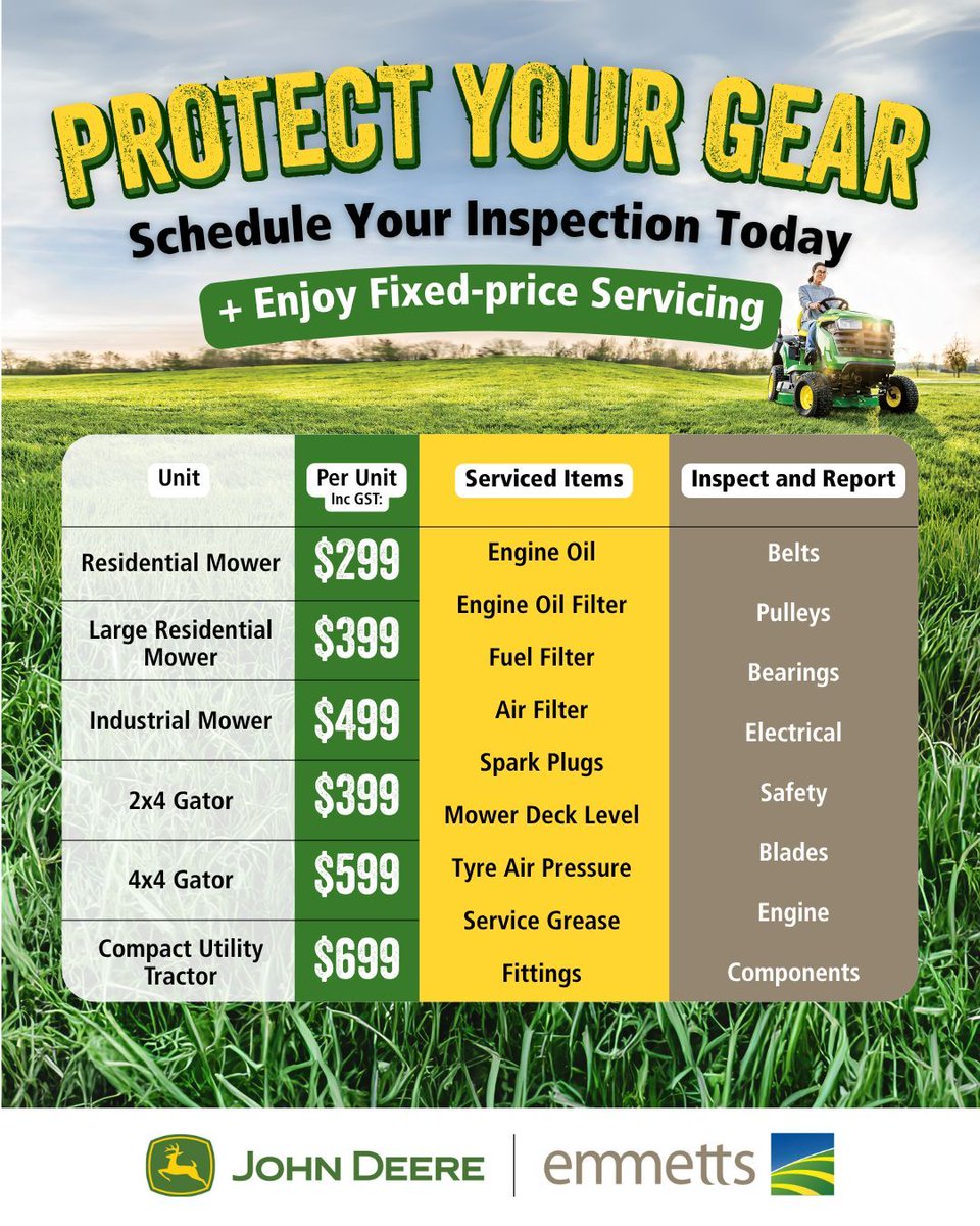 🛠️ Take the guesswork out of machine maintenance. Our fixed-price inspections for mowers, Gators, and compact utility tractors are officially on!

📞 Call Emmetts on 1300 628 596 to book in today.

Offer ends 30 August. T&amp;Cs apply.

#Emmetts #JohnDeere