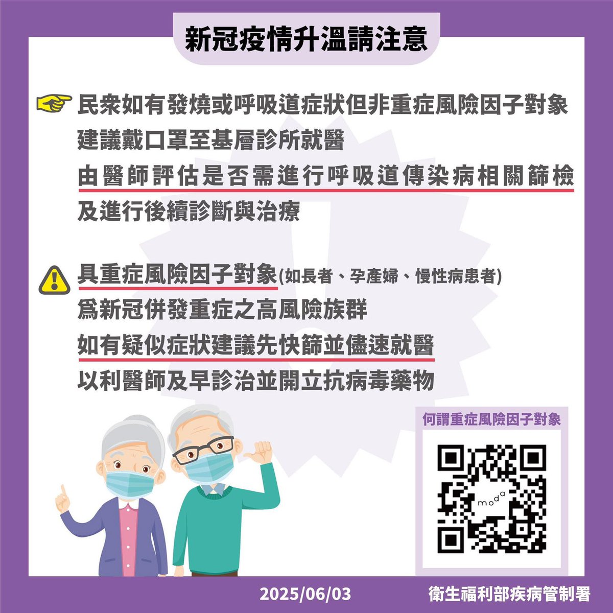 MOHW_Taiwan's tweet photo. #拜託了高風險族群 🙏🏻 請特別警覺！重症徵狀應立即就醫！
💉JN1疫苗很充足，高風險族群你打了沒！？ https://t.co/IXTrc1iiye
