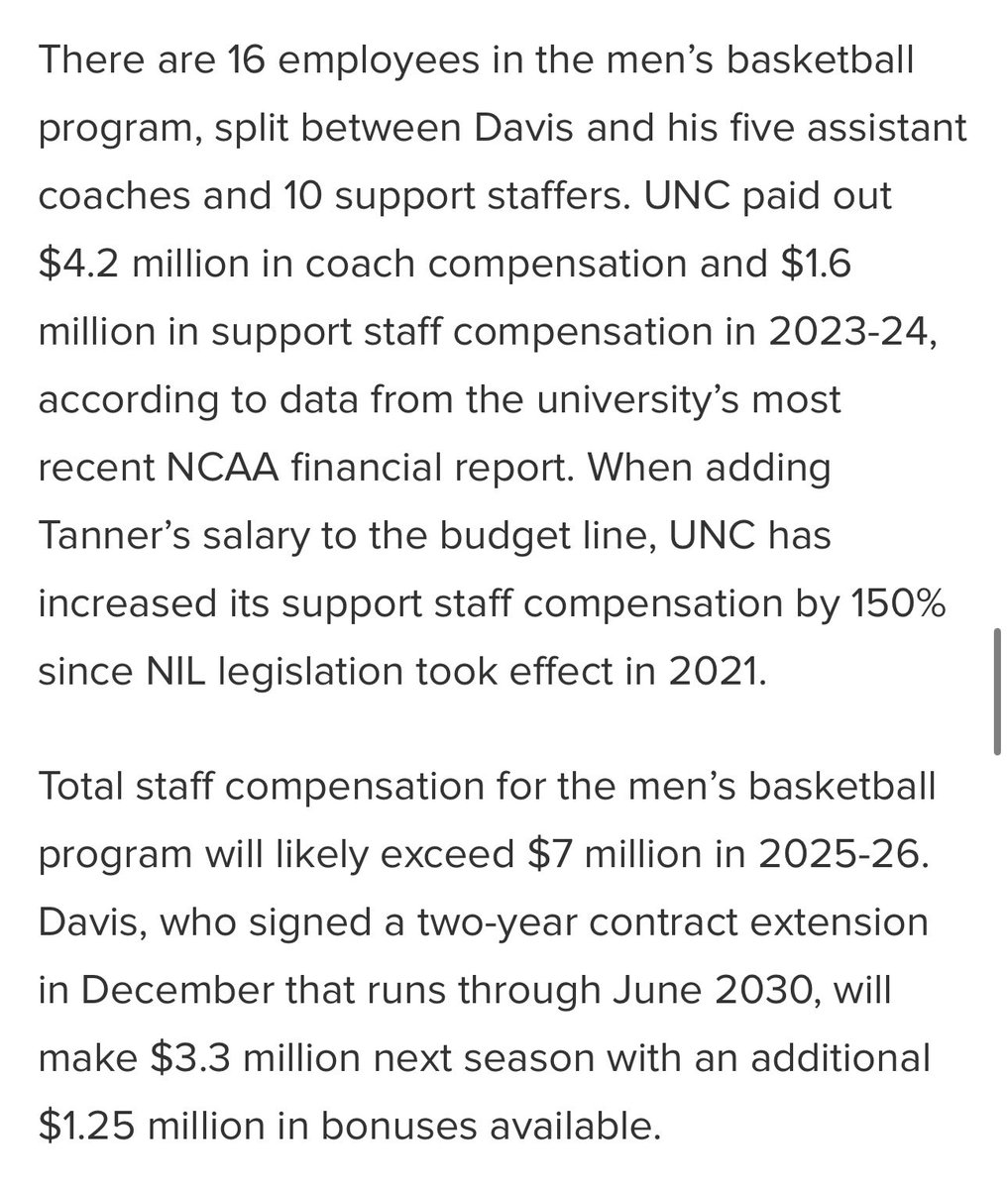 UNC is all in on running its men’s 🏀 program like the pro team it is, to stay at the top of the college 🏀 world.

-$14M player payroll
-GM with NBA contract &amp; player evaluation experience
-$7M payroll for coach/support staff

Notice player payroll is double coach/staff payroll.