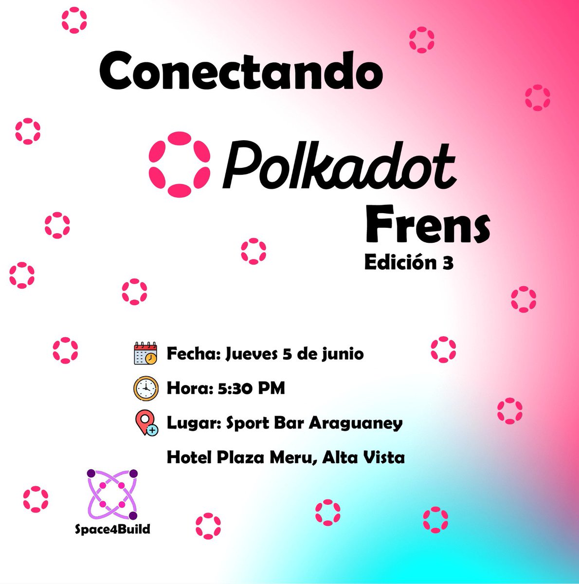 Space4Build's tweet photo. Se viene la tercera edición en #PuertoOrdaz Conectando #PolkadotFrens⭕️ donde estaremos viendo la hoja de ruta para la expansión de proyectos locales 🧑🏻‍💻👩🏼‍💻👨🏾‍💻

En el Sport Bar del @PlazaMeru este jueves a las 5:30PM

Reserva tu cupo aquí: https://t.co/ybN75Rg9zl https://t.co/0XNdKXDeVr