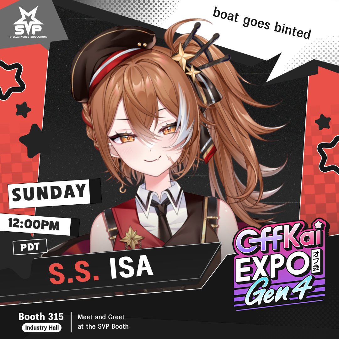 StellarVersePro (@stellarversepro) on Twitter photo ⭐️Offkai Meet and Greet Announcement⭐️
We welcome <a href="/isaboatvtuber/">S.S. Isa ⚓🚩</a> for meet and greets at the SVP Booth!
Sunday at 12:00PM PDT ⭐️Offkai Meet and Greet Announcement⭐️
We welcome <a href="/isaboatvtuber/">S.S. Isa ⚓🚩</a> for meet and greets at the SVP Booth!
Sunday at 12:00PM PDT