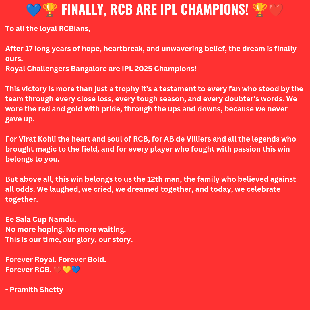 SHETTYPRAMITH's tweet photo. 17 years. Endless heartbreaks. Unshakable belief.
We waited, we hoped, and we never gave up.
Today, we don’t just say Ee Sala Cup Namde —
We say it with pride: CUP NAMDU! ❤️💛💙
#RCB #RCBChampions #IPL2025 #EeSalaCupNamdu #ForeverRCB

@RCBTweets @RcbianOfficial @IPL @imVkohli https://t.co/OnGiazmJ4G