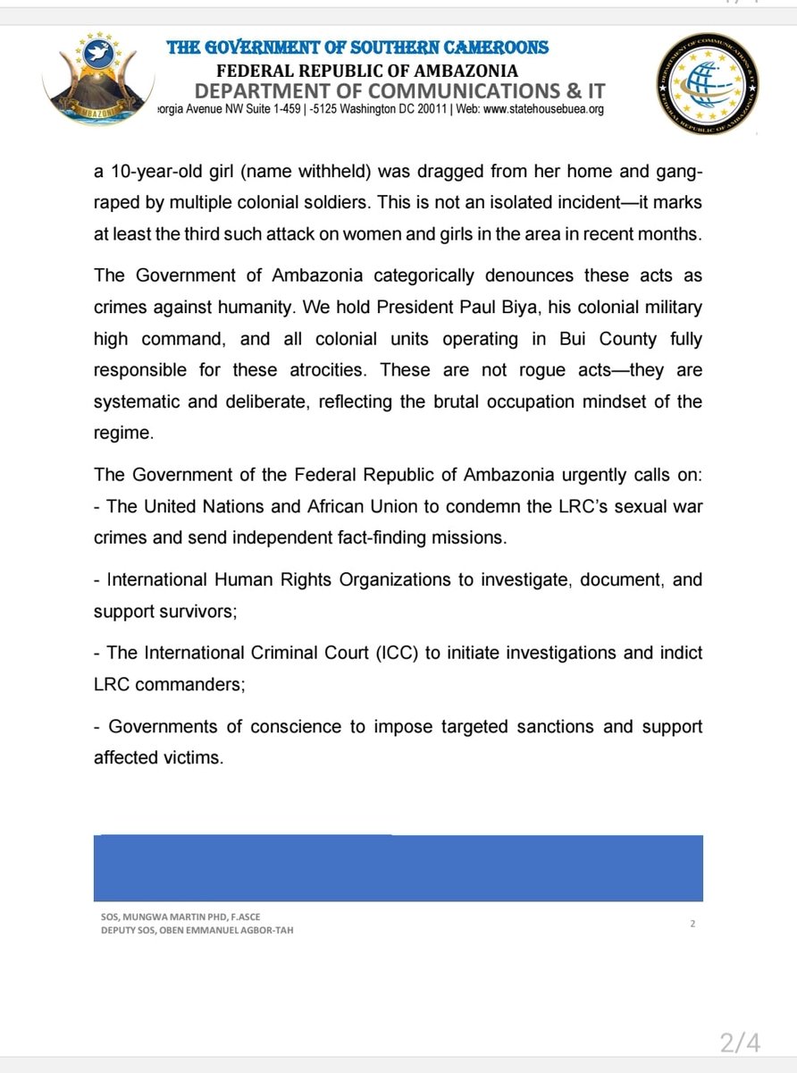 CelestinAtanga's tweet photo. On widespread rape in Bui County, #Ambazonia, attached is a #PressRelease from the gov't of the @FRAOfficialPage 

@hrw @CrisisGroup @amnesty @UN_HRC @HRC @HRCP87 @CIJ_ICJ @IntlCrimCourt @USEmbYaounde @UKinCameroon @GermanyUN @CanadaCameroon @BBCAfrica @AfricanArchives @VOAAfrica https://t.co/tXpCBoKxXA