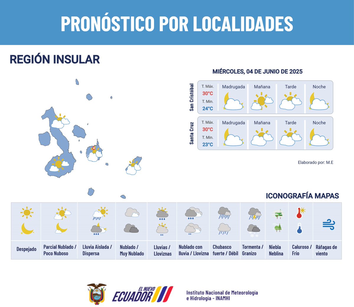 #PronósticoNacionalEc | Miércoles, 04 de junio de 2025: Lluvia y llovizna en la región Amazónica y norte del Litoral, lluvias aisladas en la Sierra🌤️☁️🌦️