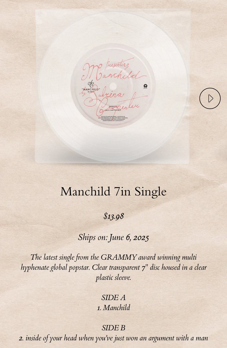 Sabrina Carpenter จะปล่อยซิงเกิ้ลใหม่ชื่อว่า Manchild แต่ด้วยความเป็นซาบริน่าก็แน่นอนว่าต้องมีลูกเล่น ไวนิลด้านนึงเป็นเพลงตามปกติ แต่ Side B เป็น “เสียงในหัวเวลาคุณเพิ่งเถียงกับผู้ชายแล้วชนะ” ต้องมารอดูกันว่าจะเป็นเพลงหรือจะเป็นเสียงแบบไหน