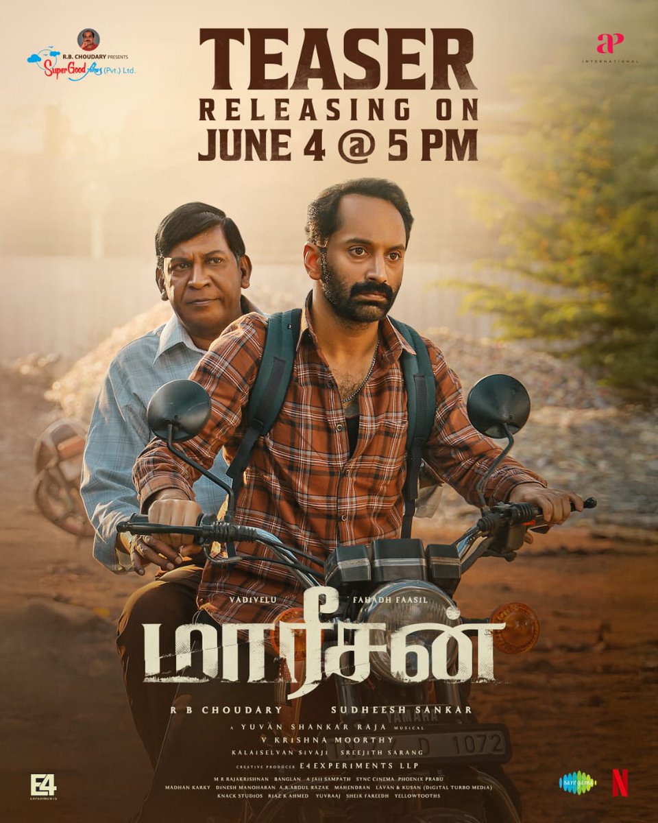The Auteur (@theauteur_media) on Twitter photo Set your alarms ⏰ and brace for magic!
#Maareesan teaser is coming in at 4 PM today! 🎬
#MaareesanTeaser
#FahadhFaasil #Vadivelu <a href="/thisisysr/">Raja yuvan</a> <a href="/SuperGoodFilms_/">Super Good Films</a> #SudheeshSankar
<a href="/moorthyisfine/">krishna moorthy </a> <a href="/dopkalai/">Kalaiselvan</a> <a href="/sreejithsarang/">Sreejith Sarang</a>
<a href="/madhankarky/">Madhan Karky</a> <a href="/sampathannamala/">Sampath Annamalai</a>
<a href="/homescreenent/">Home Screen Entertainment</a> <a href="/e4echennai/">MUKESH RATILAL MEHTA</a> Set your alarms ⏰ and brace for magic!
#Maareesan teaser is coming in at 4 PM today! 🎬
#MaareesanTeaser
#FahadhFaasil #Vadivelu <a href="/thisisysr/">Raja yuvan</a> <a href="/SuperGoodFilms_/">Super Good Films</a> #SudheeshSankar
<a href="/moorthyisfine/">krishna moorthy </a> <a href="/dopkalai/">Kalaiselvan</a> <a href="/sreejithsarang/">Sreejith Sarang</a>
<a href="/madhankarky/">Madhan Karky</a> <a href="/sampathannamala/">Sampath Annamalai</a>
<a href="/homescreenent/">Home Screen Entertainment</a> <a href="/e4echennai/">MUKESH RATILAL MEHTA</a>